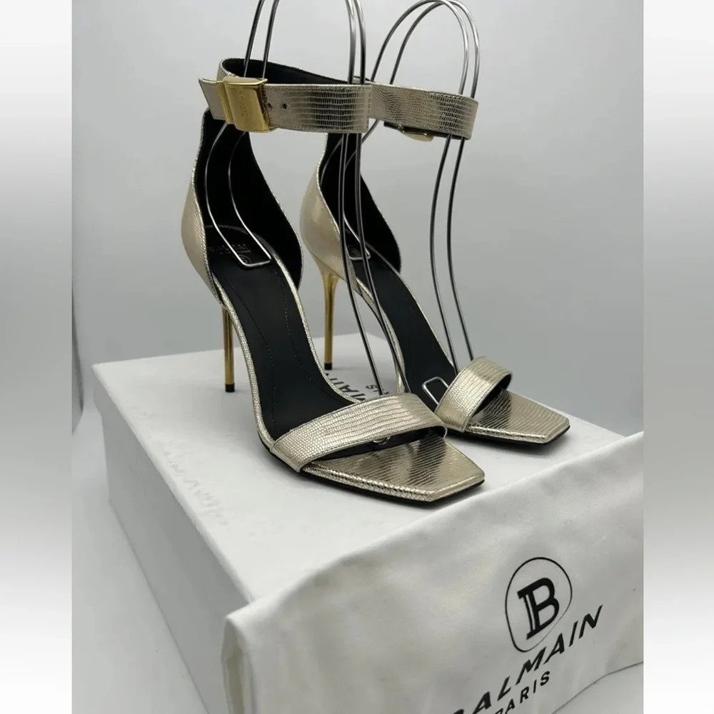 Balmain Uma Lizard-Embossed Leather Sandals Gold Women’s EU 37.5 New In box